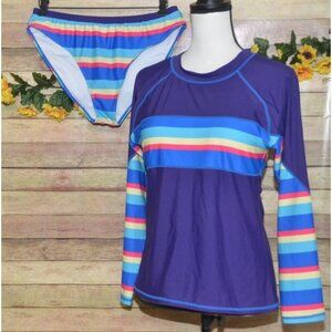 Beach Sissi Rainbow Stripe Blue Long Sleeve Tankini Bikini Rashgaurd Ladies XXL